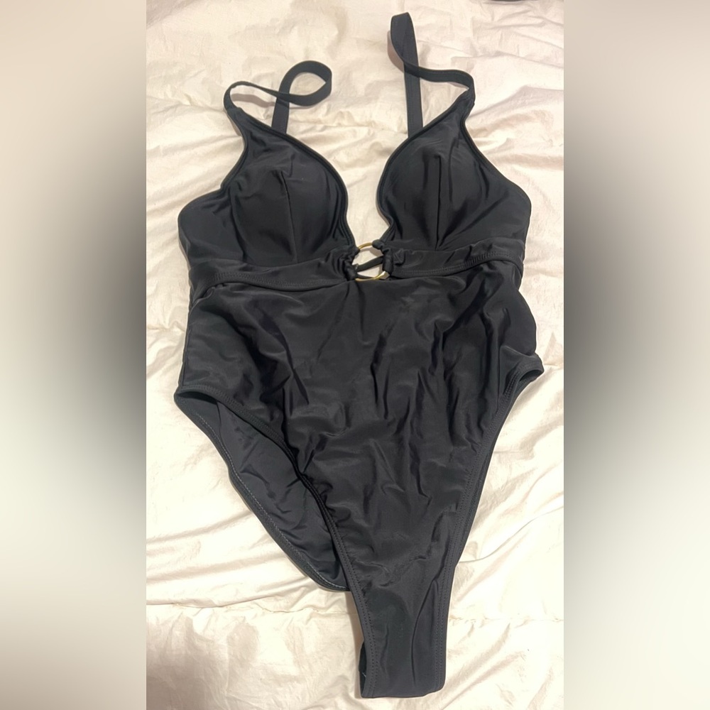 Black One-Piece Swimsuit with Gold Ring Detail